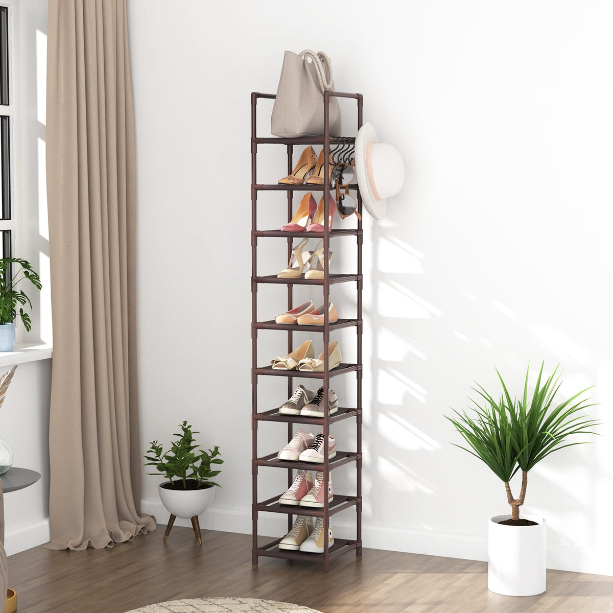Brown 10 Tier Vertical Shoe Tower, Skinny Rack for 10 to 15 Pairs