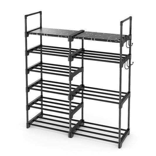 Black 6 Tier Metal Shoe Rack with Hooks, 20 to 24 Pairs