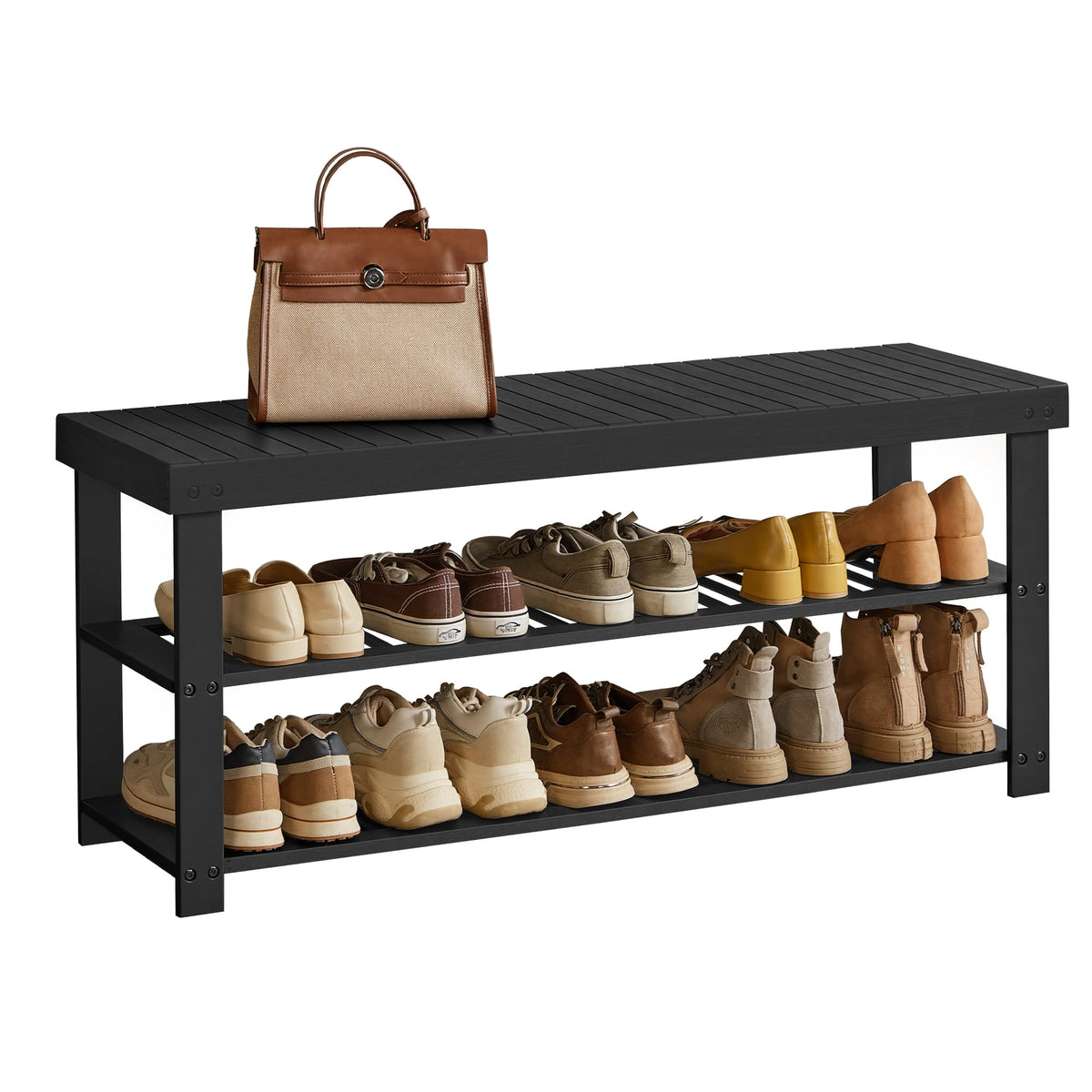 Black Bamboo Entryway Bench with Shoe Shelves, 3 Tier, 42.9 Inch