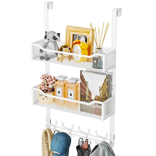 White Over the Door Rack, 16 Hooks and 2 Mesh Baskets, Steel