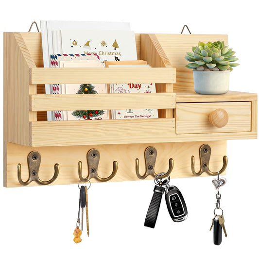 Wooden Key and Mail Organizer, Natural Finish with Drawer and 8 Hooks