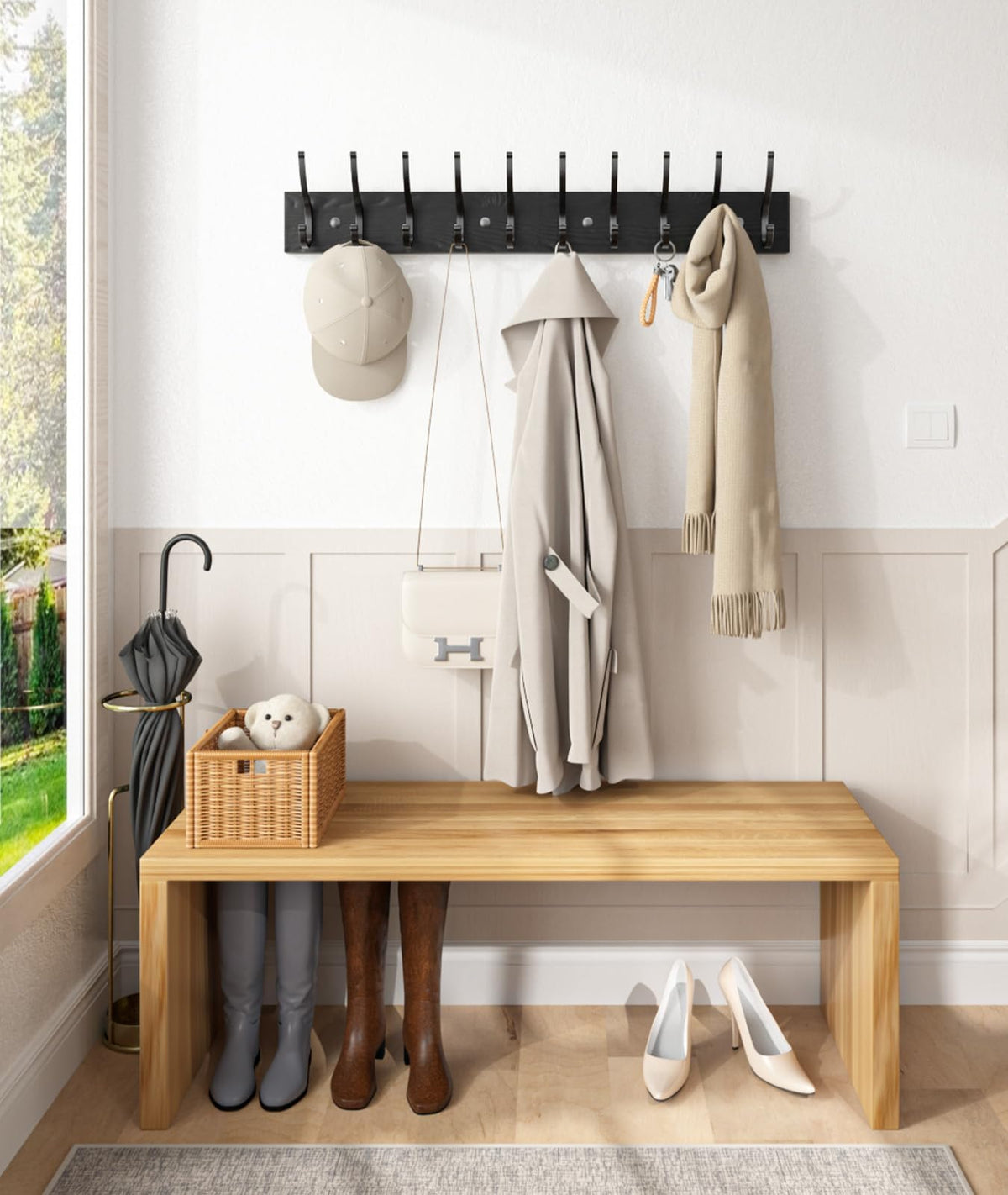 Black Wood Coat Rack Wall Mount, Set of 2 with 10 Double Hooks