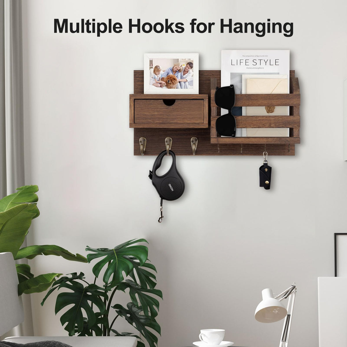 Wall Key Holder with Mail Slot and Drawer, 7 Hooks, Brown Wood