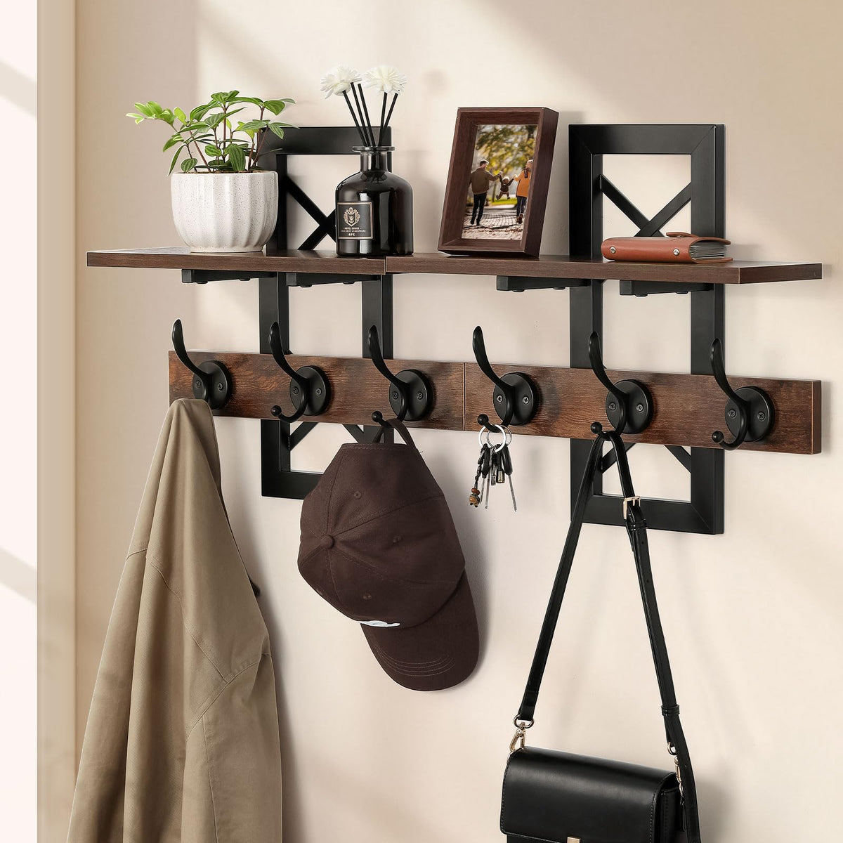Long Wall Coat Rack with Shelf, 33.9 Inch, 6 Dual Hooks, Brown