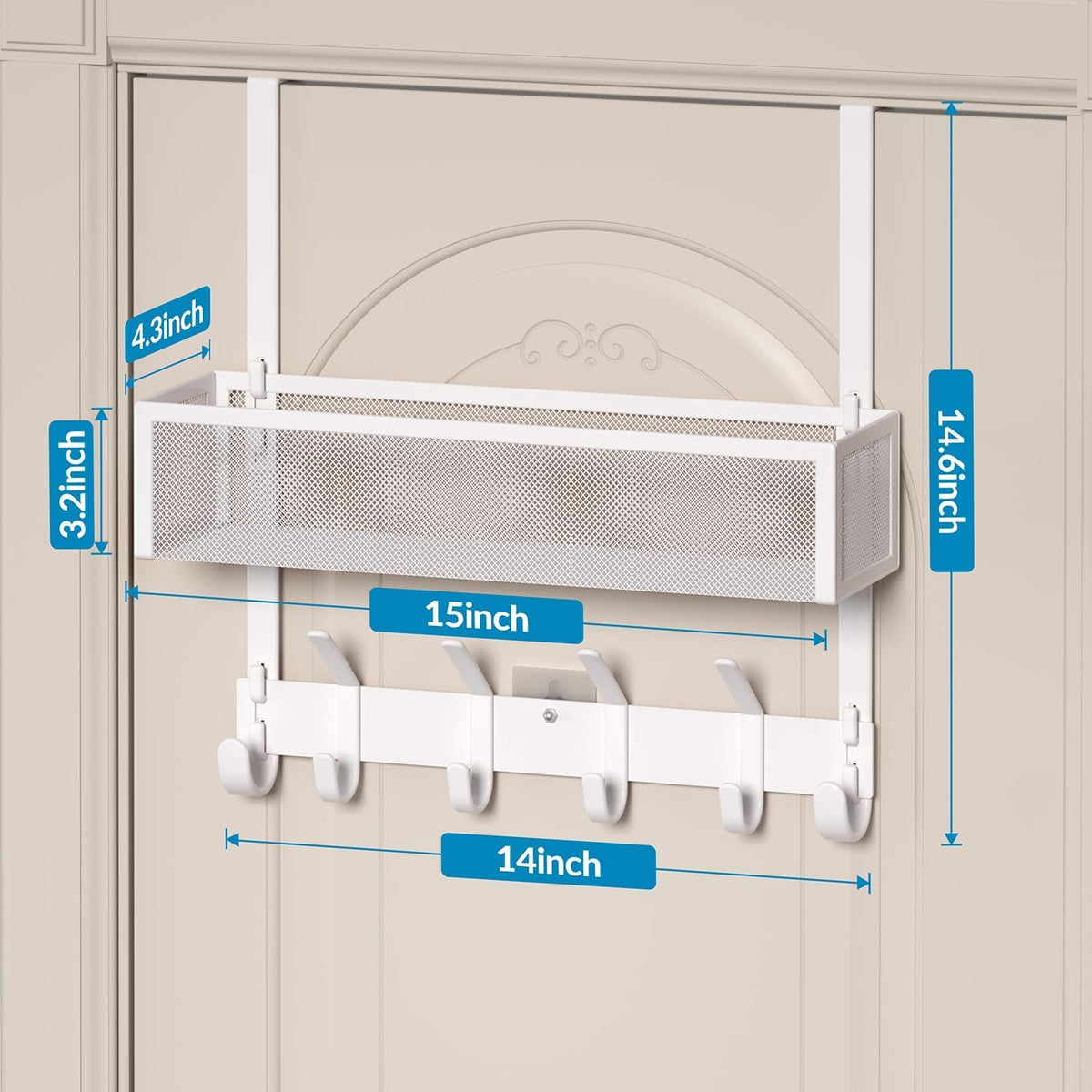 White Over the Door Hook Rack with Basket, 10 Flat Hooks, Holds 60 lb