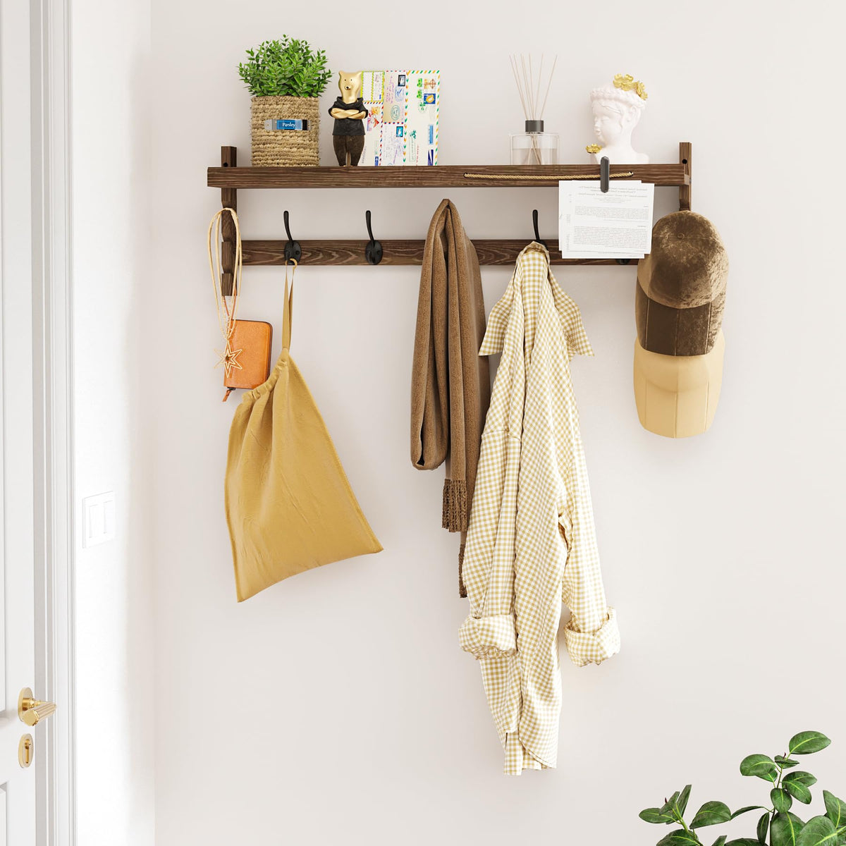 Wall Hooks with Shelf, 28.9 Inch, 5 Dual Hooks, Hat and Glasses Holder