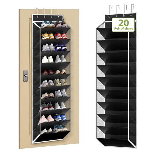 Black Hanging Door Shoe Rack, 10 Tier Mesh Pockets, Up to 30 Pairs