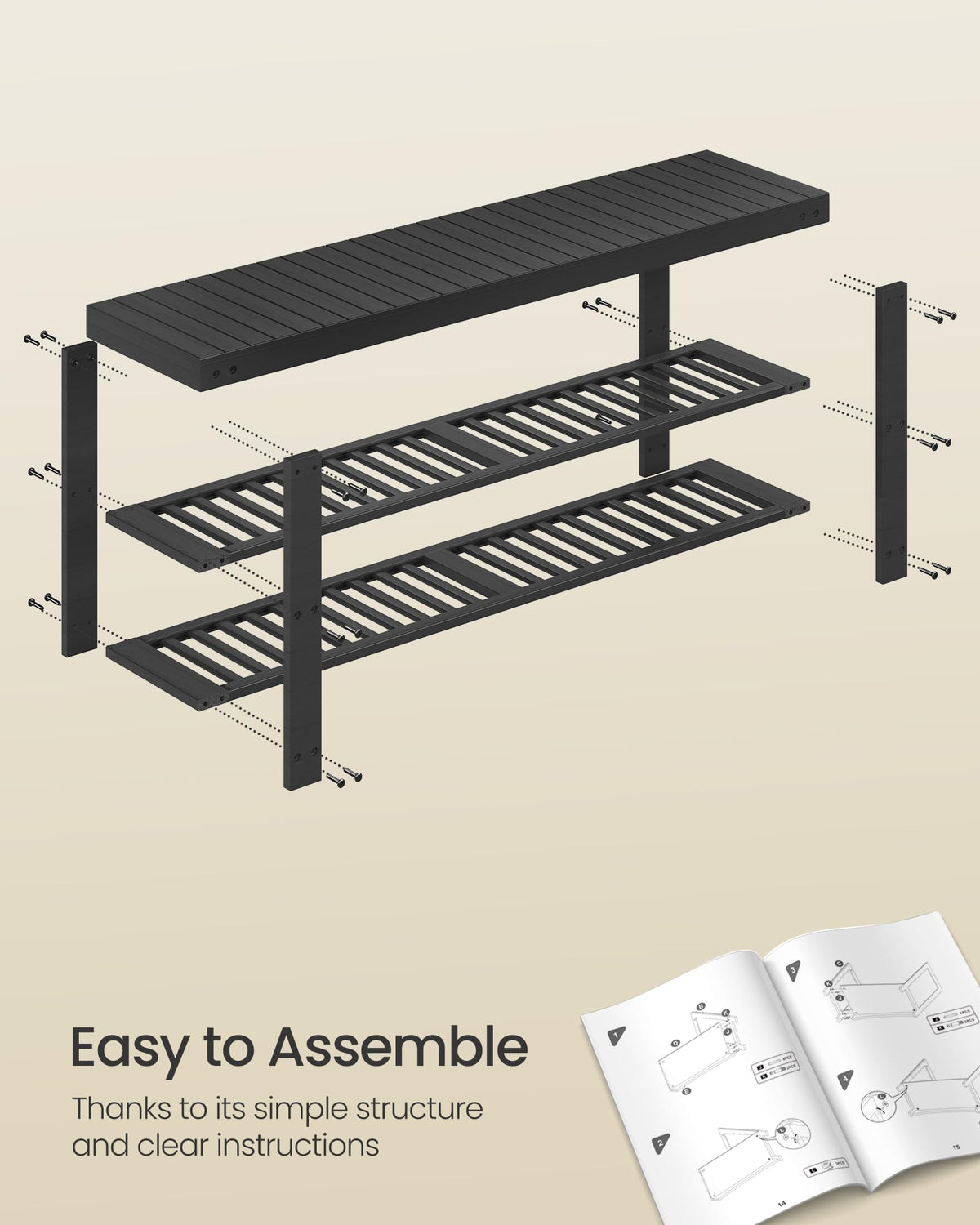 Black Bamboo Entryway Bench with Shoe Shelves, 3 Tier, 42.9 Inch