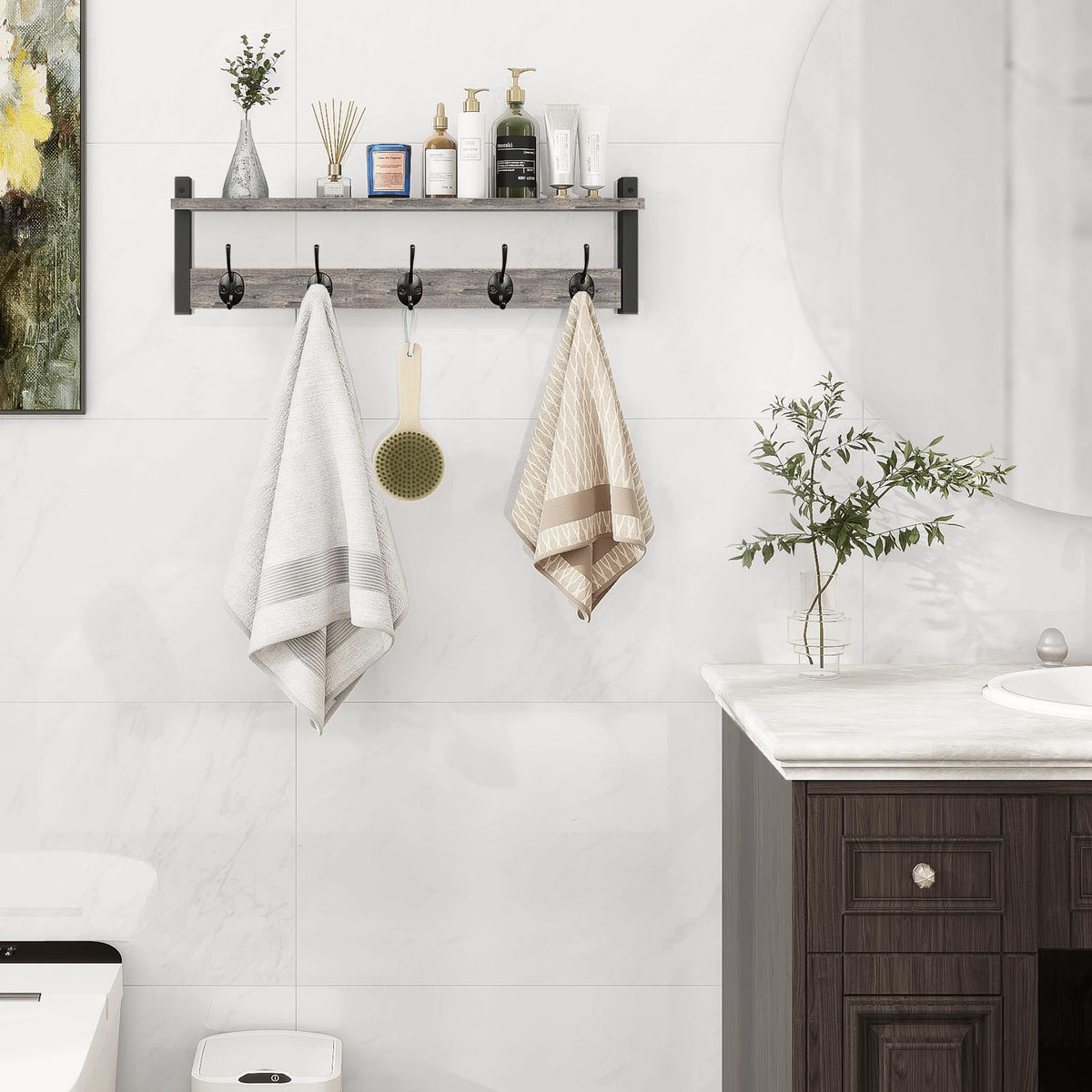 Coat Rack Shelf with 5 Dual Hooks, 24 Inch, Rustic Grey Wood