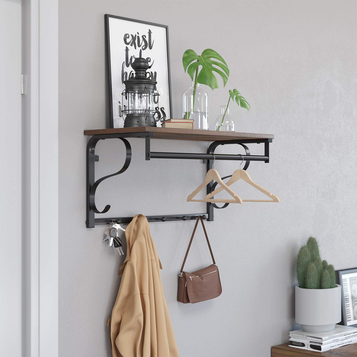 3 in 1 Wall Coat Rack with Shelf, Hanging Rail and 5 Hooks, Rustic Brown
