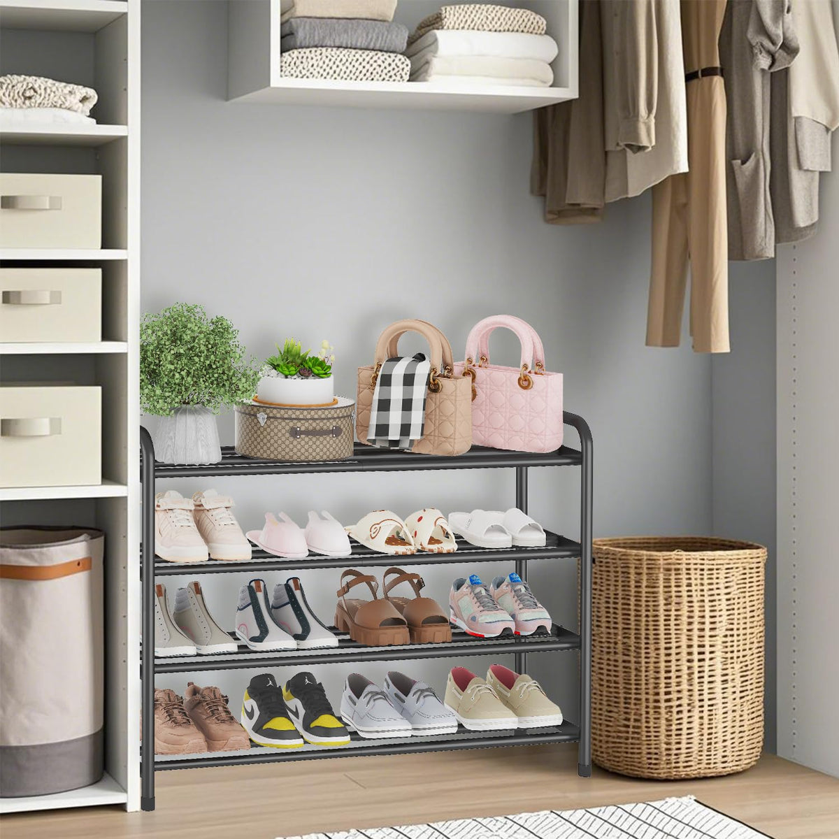 Adjustable Width Shoe Rack, 4 Tier Black Stainless Steel Organizer