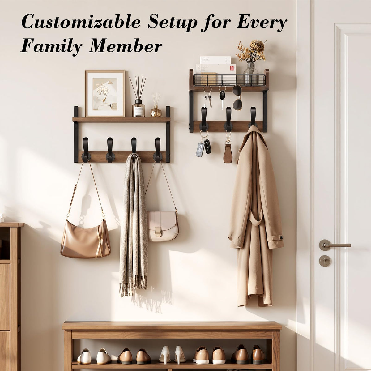29 Inch Wall Coat Rack with Shelf and 11 Hooks, 2 Piece, Brown