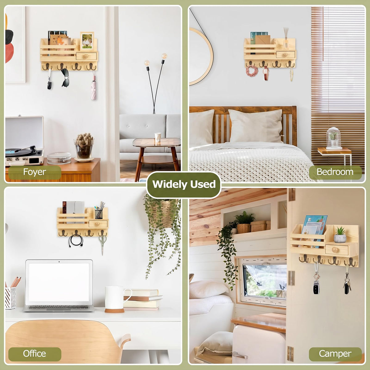 Wooden Key and Mail Organizer, Natural Finish with Drawer and 8 Hooks