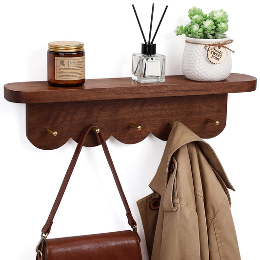 Scalloped Wall Shelf with 5 Brass Hooks, 16.5 Inch, Walnut Wood