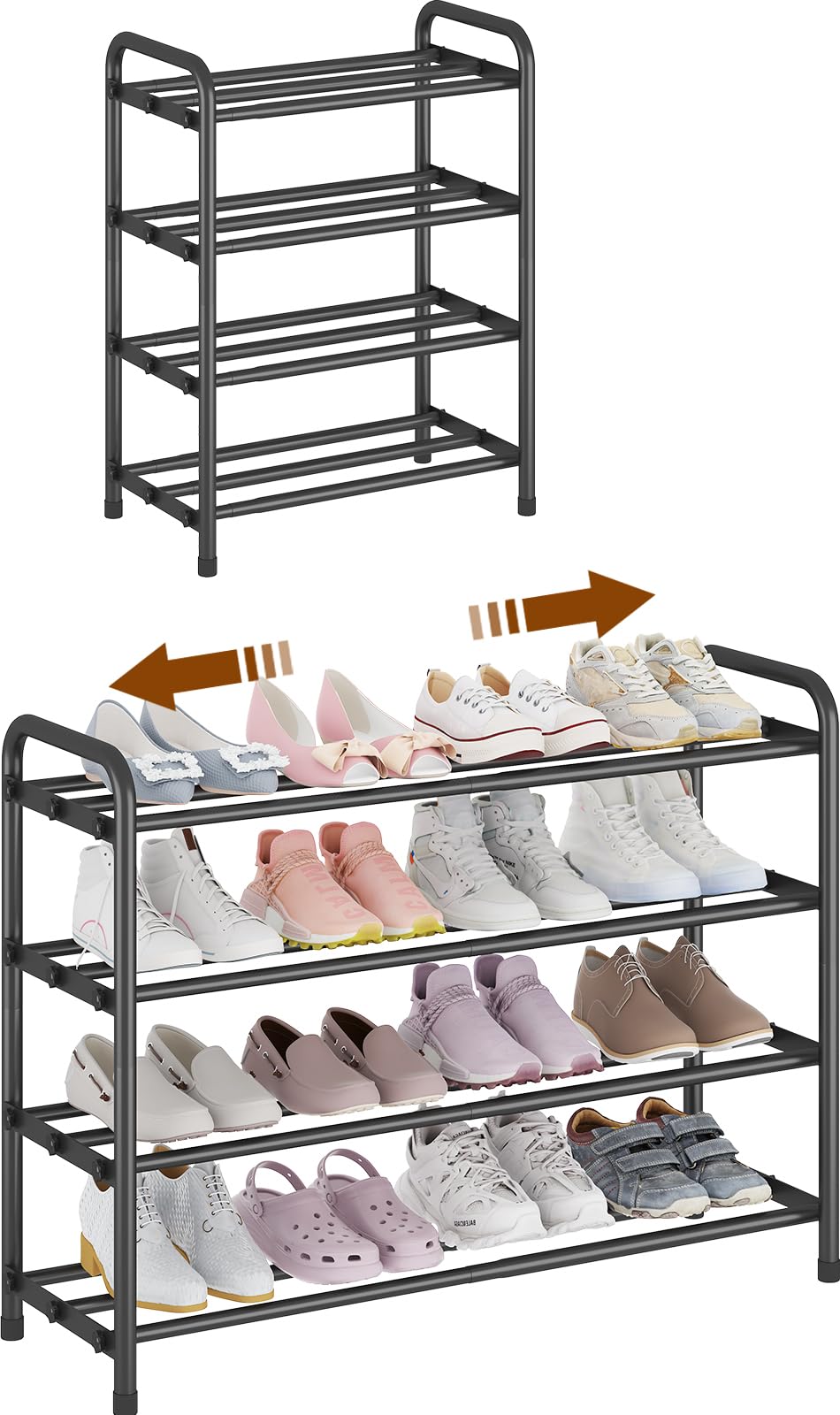 Adjustable Width Shoe Rack, 4 Tier Black Stainless Steel Organizer