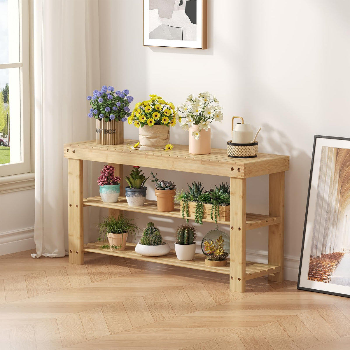 Natural Bamboo Shoe Bench, 35.4 Inch, 3 Tier Seat with Storage