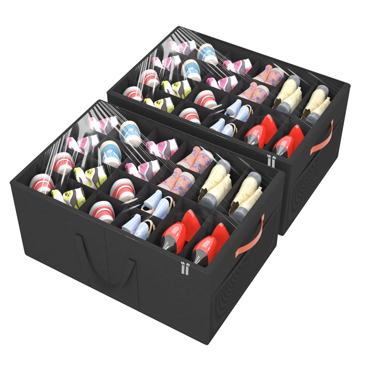Large Fabric Shoe Storage Boxes, 2 Pack, Black Foldable Bins
