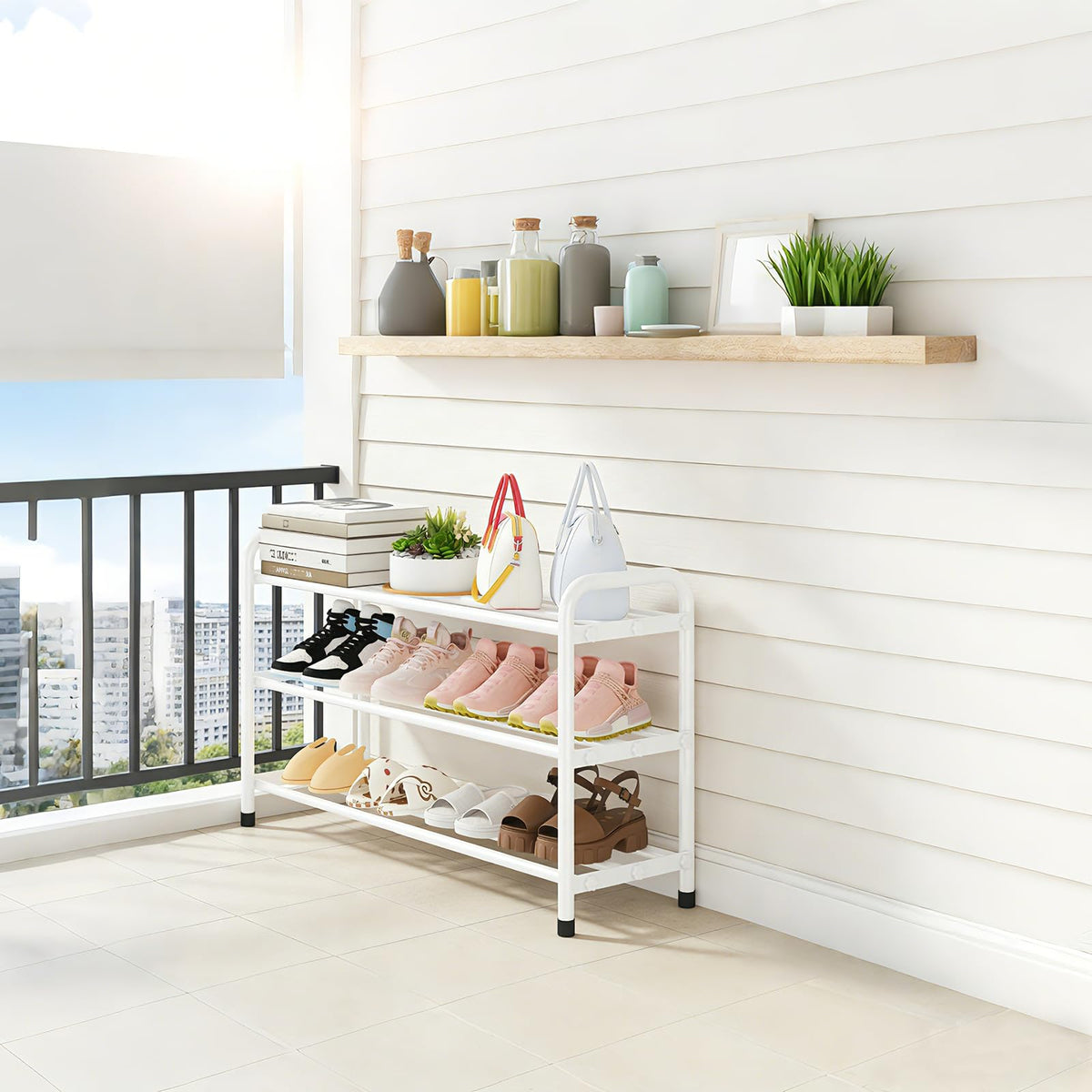 Expandable 3 Tier Shoe Rack, 17.7 to 31.5 Inch, White Metal