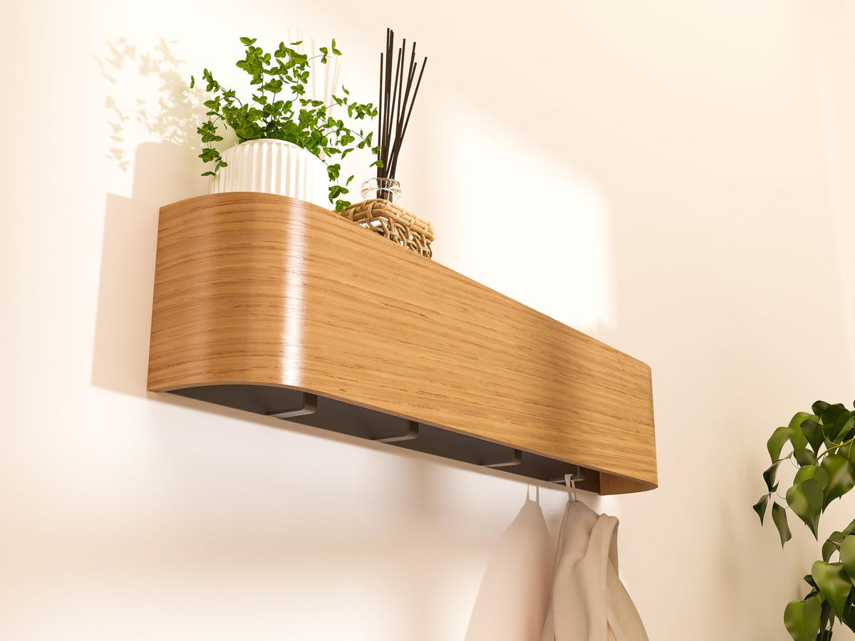 Wooden Wall Coat Rack with Shelf and 6 Hooks, 17.3 Inch, Beige