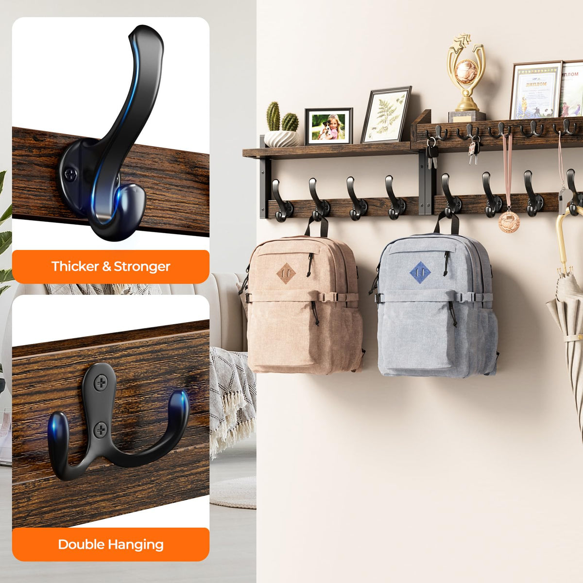 35 Inch Wall Coat Rack with Shelf, 7 Coat Hooks and 4 Key Hooks, Rustic