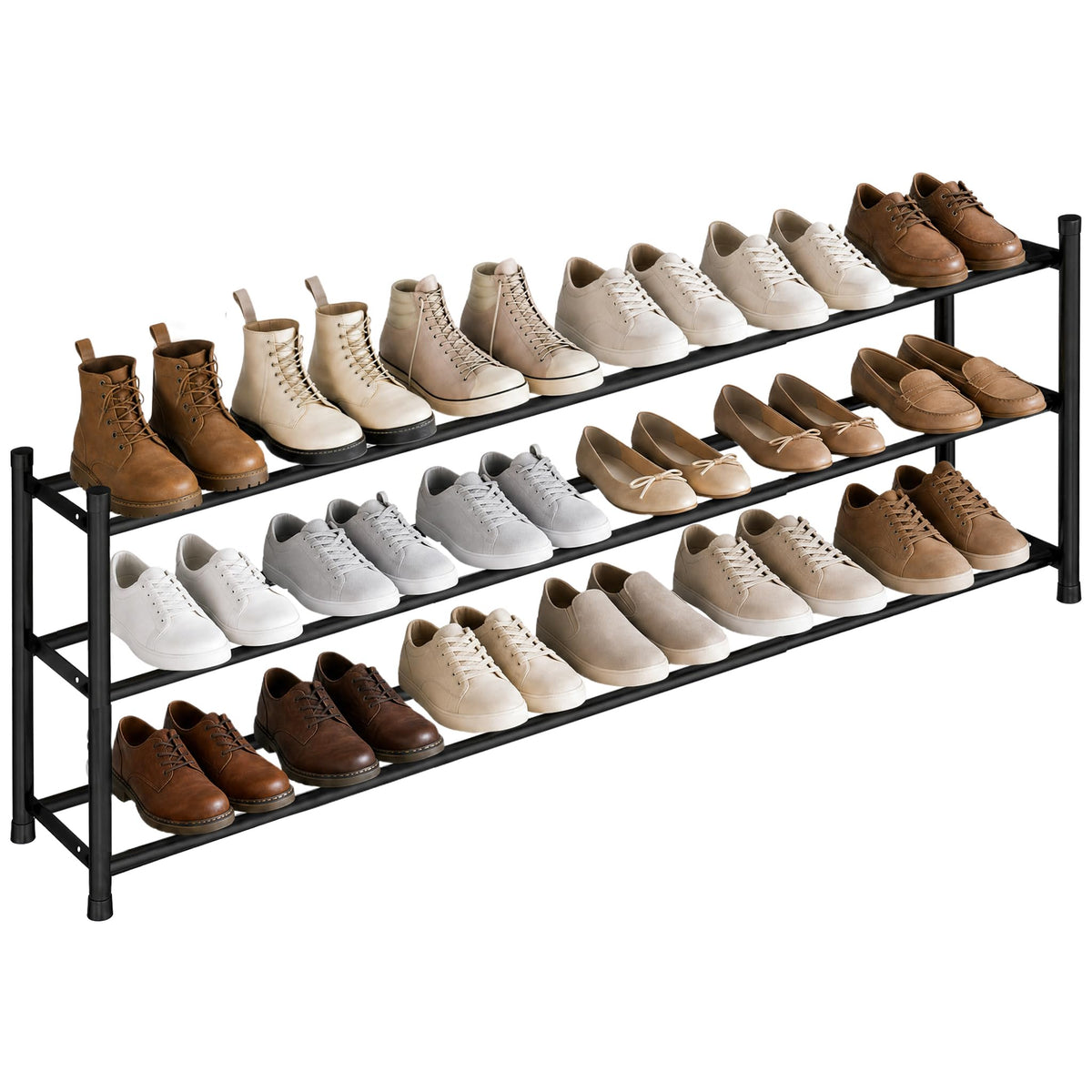 Long Expandable 3-Tier Shoe Rack for Up to 18 Pairs, Wide Shoe Organizer, Black