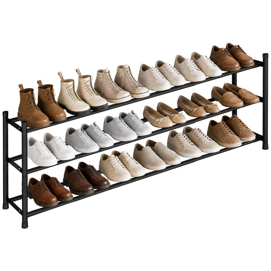 Long Expandable 3-Tier Shoe Rack for Up to 18 Pairs, Wide Shoe Organizer, Black