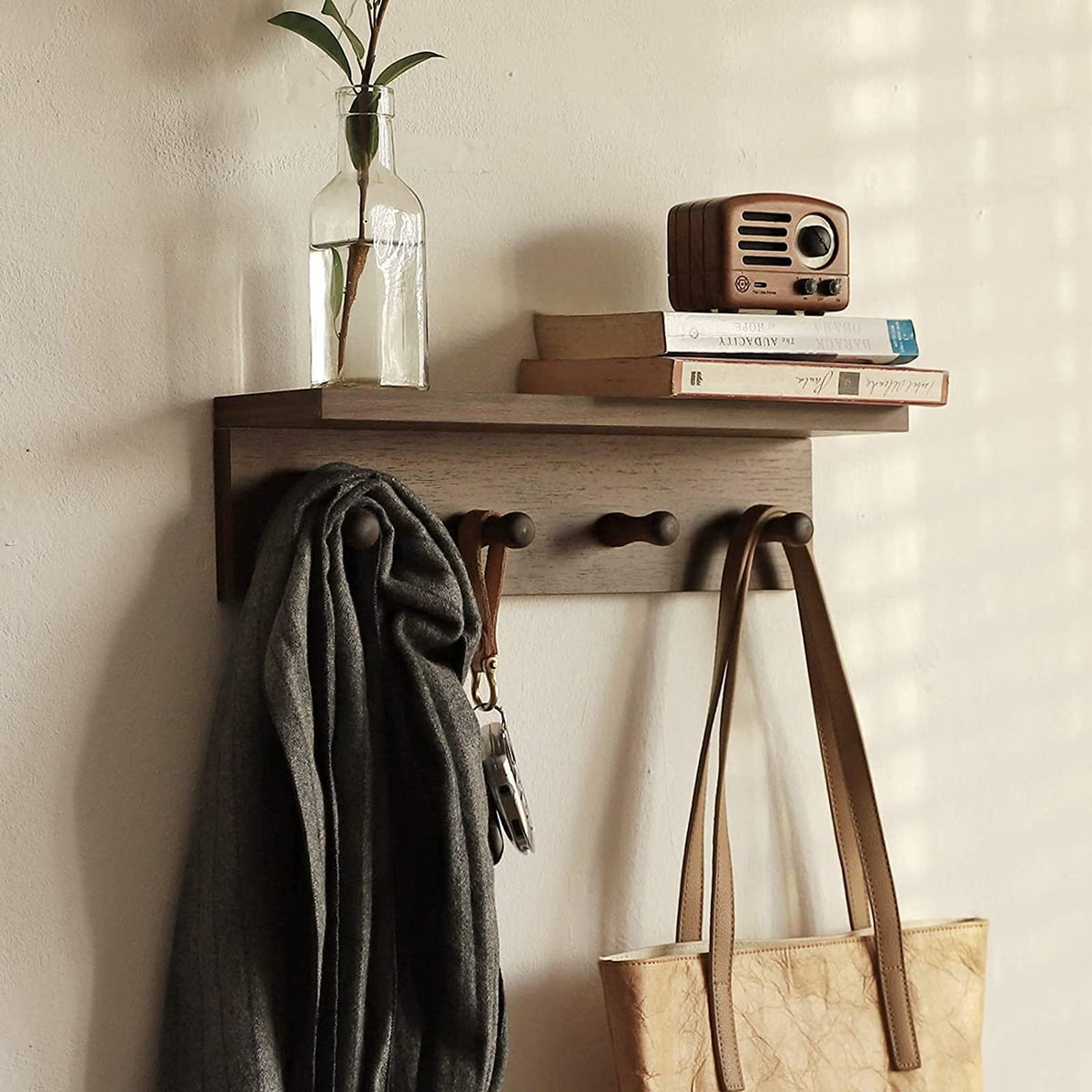 Wooden Wall Hook Rack, Walnut Finish Entryway Coat Hooks