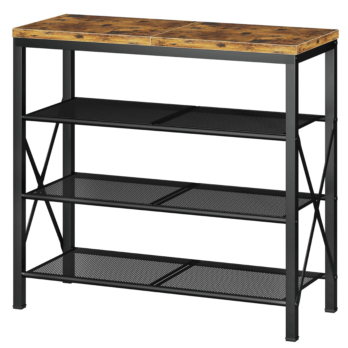 4 Tier Shoe Shelf with Rustic Brown Wood Top, Metal Frame