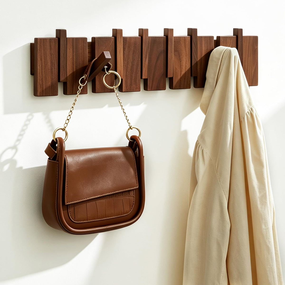 Flip Down Wall Coat Rack, 8 Hooks, 22.8 Inch Solid Wood, Walnut Finish