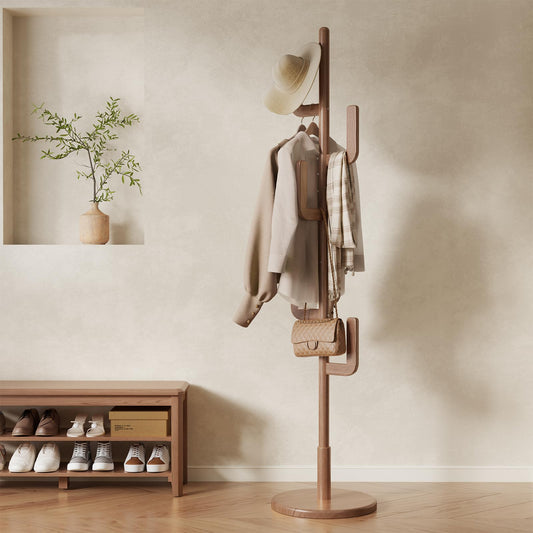 Wooden Cactus Coat Rack, 6 L-Shaped Hooks, 3 Heights, Walnut