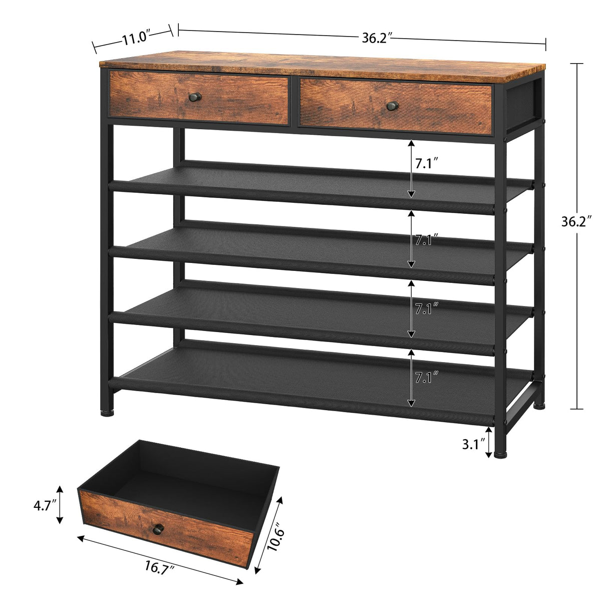 5 Tier Shoe Organizer with Drawers, Wood Top, 16 to 20 Pairs