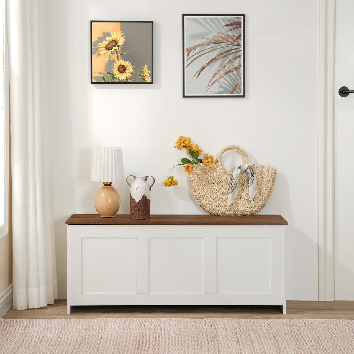 Lift Top Storage Bench, 39.3 Inch Wood Chest, White and Walnut