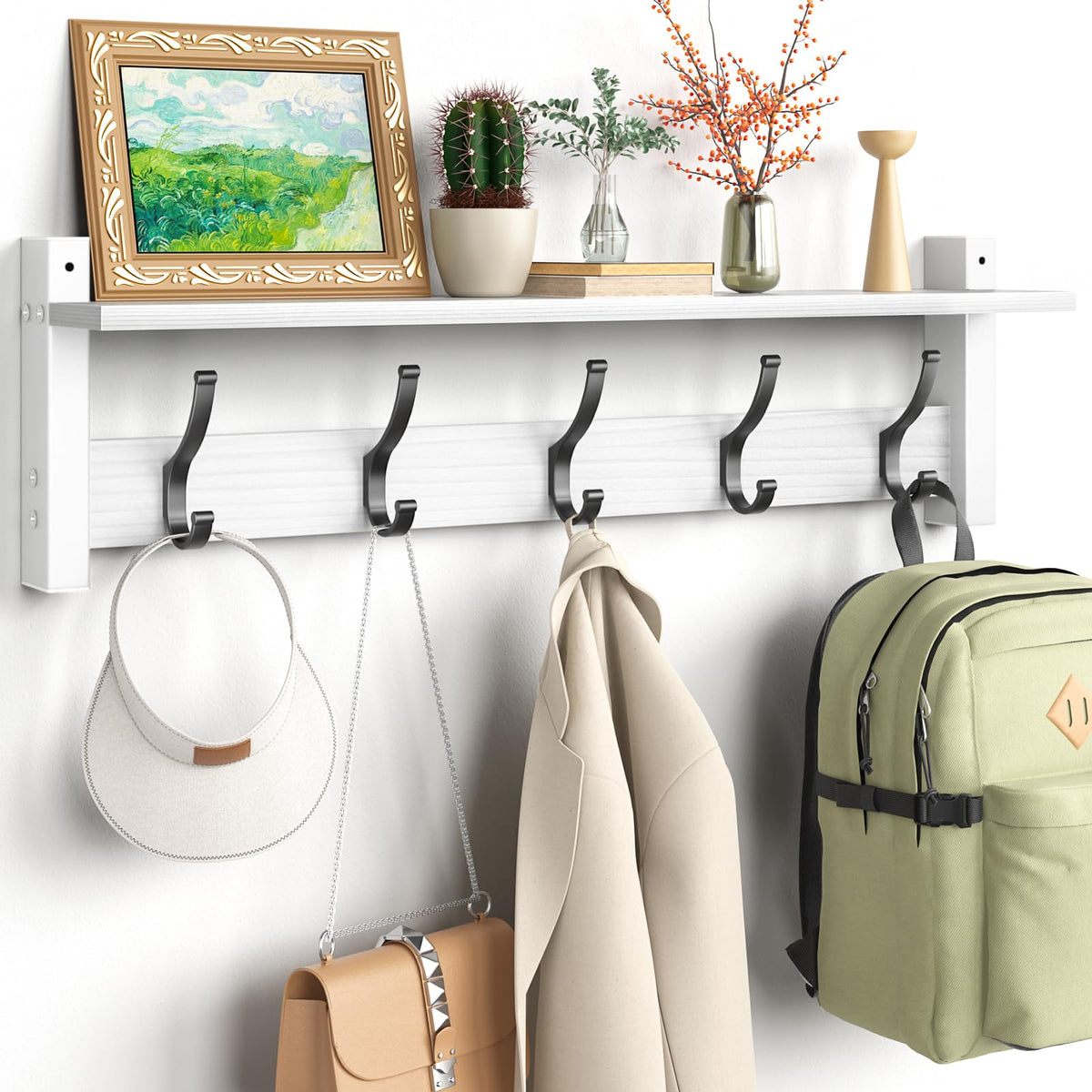 24 Inch Entryway Coat Hook Shelf, 5 Hooks, White Wood Wall Rack
