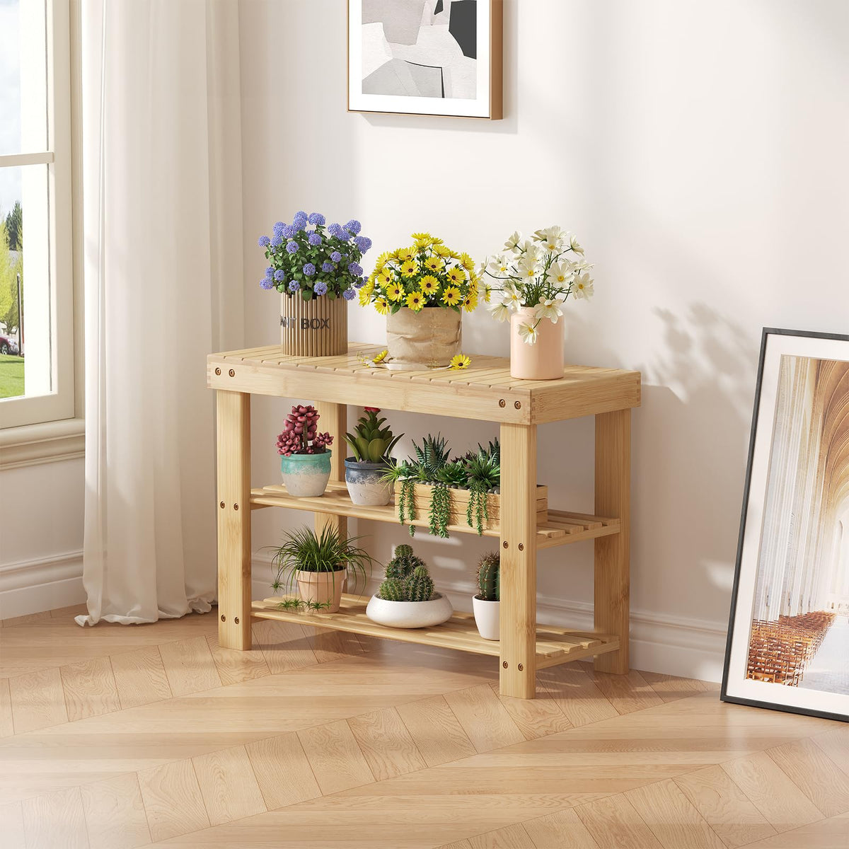 Classic Wood Tone Bamboo Shoe Bench, 3 Tier, 27.5 Inch Wide