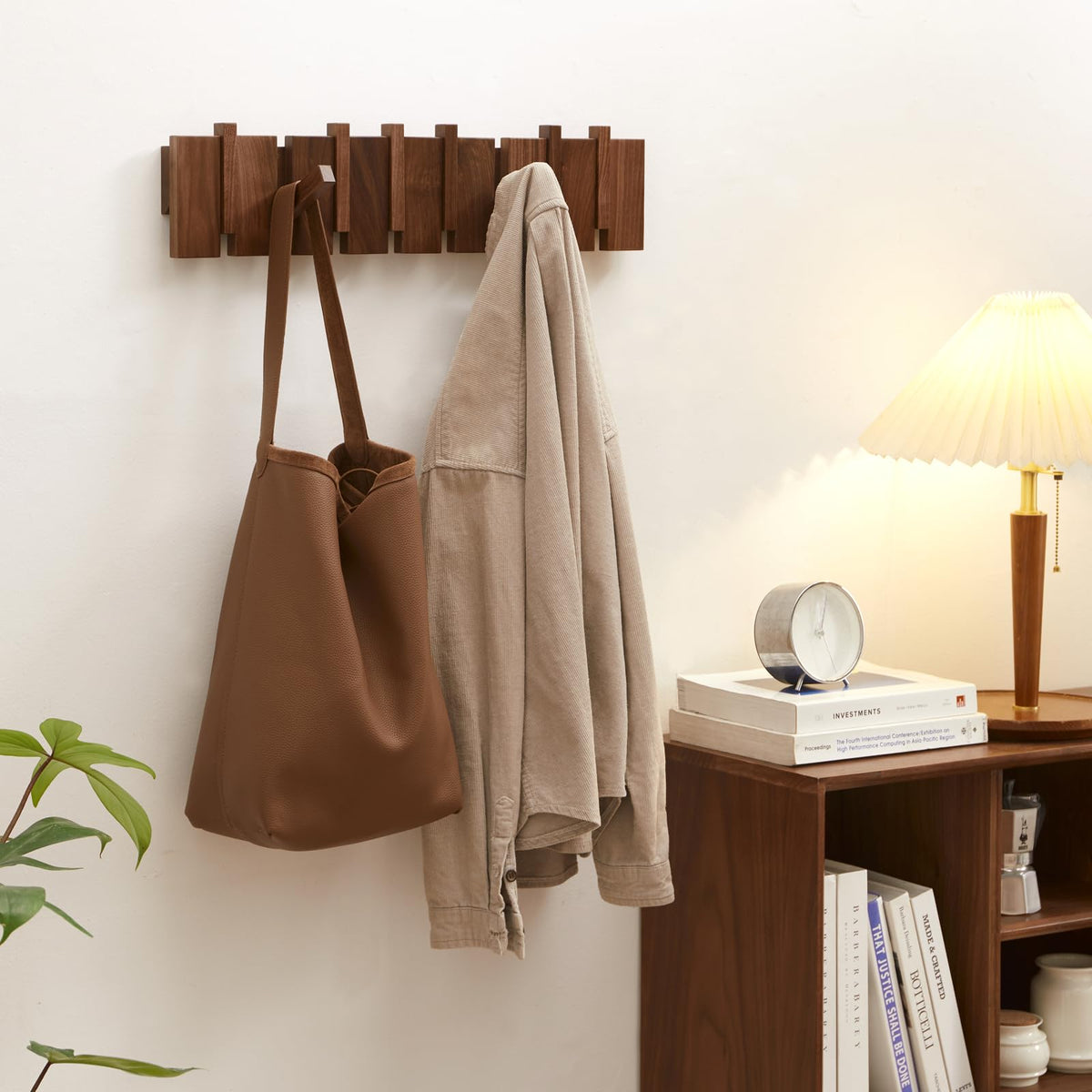 Piano Key Coat Rack, 6 Flip-Down Hooks, Natural Wood Wall Mount