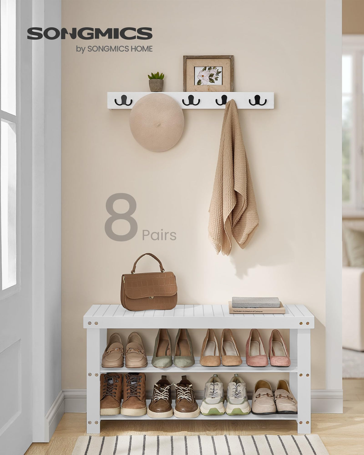 White Bamboo Shoe Rack Bench, 3 Tier, 35.4 Inch Wide