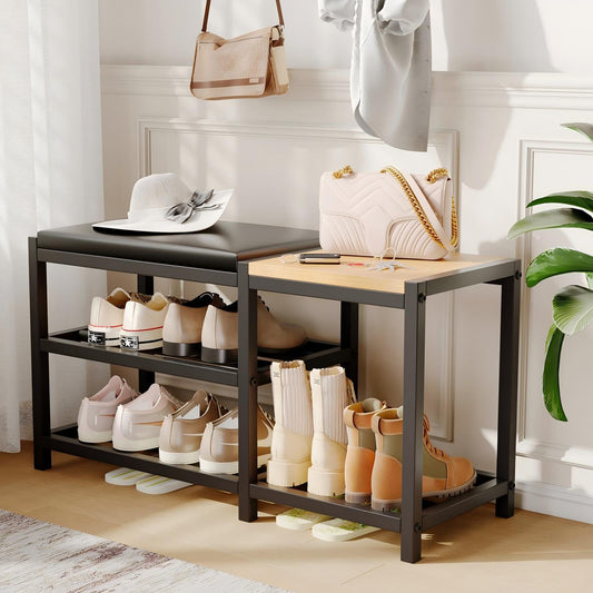 Metal Shoe Bench with Cushion and Boot Rack, 30.7 Inch, Black