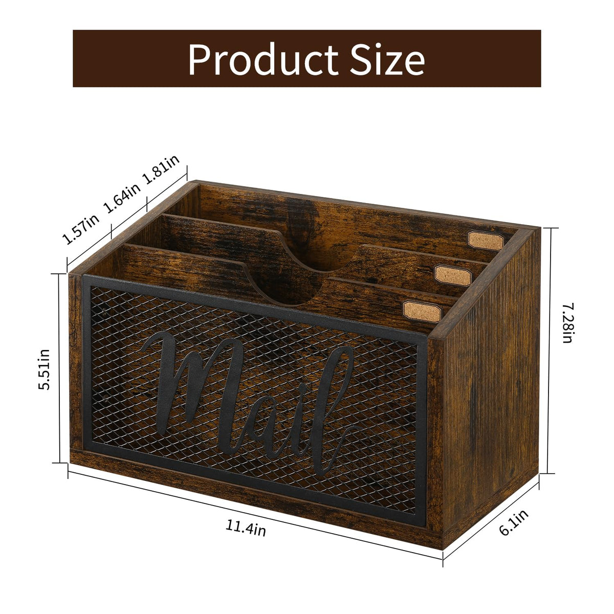 3 Slot Desktop Mail Organizer, Rustic Brown Wood and Iron Mesh