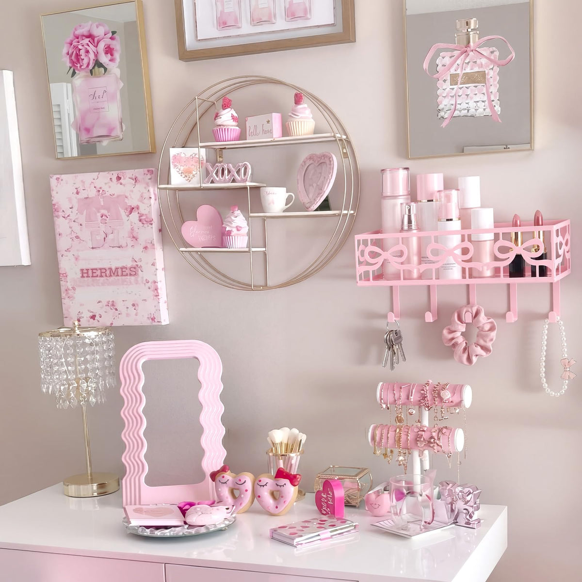 Pink Bow Wall Key Holder with Mail Basket and Hooks, Metal
