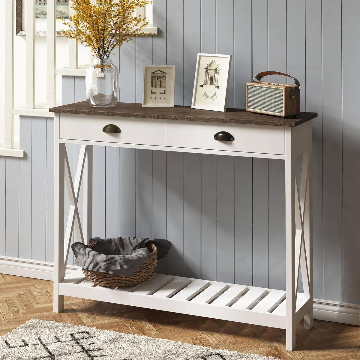 White Console Table with Drawer and Slatted Shelf, X-Frame
