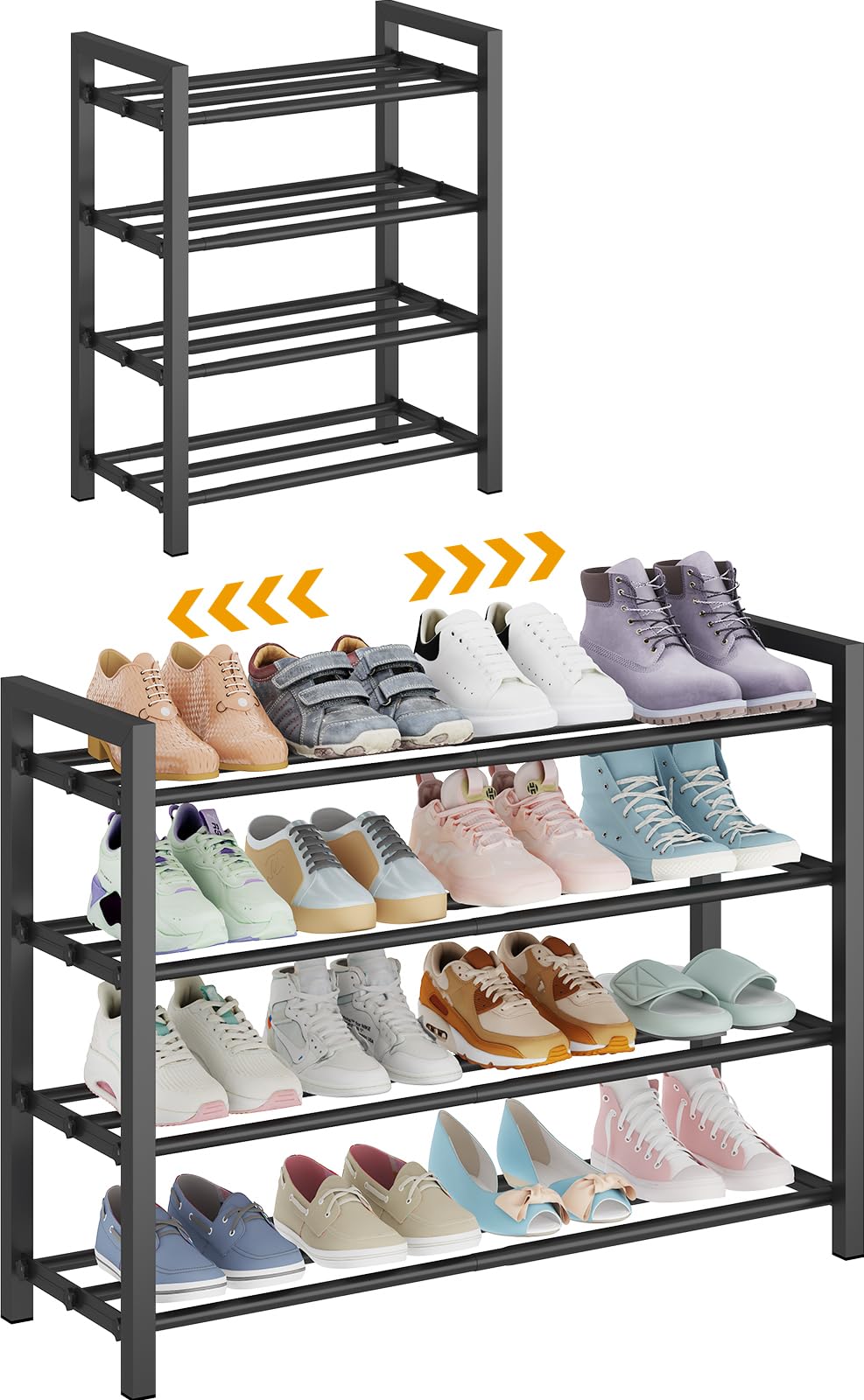 Expandable 4 Tier Metal Shoe Rack, 17.5 to 30.7 Inch Wide, Black