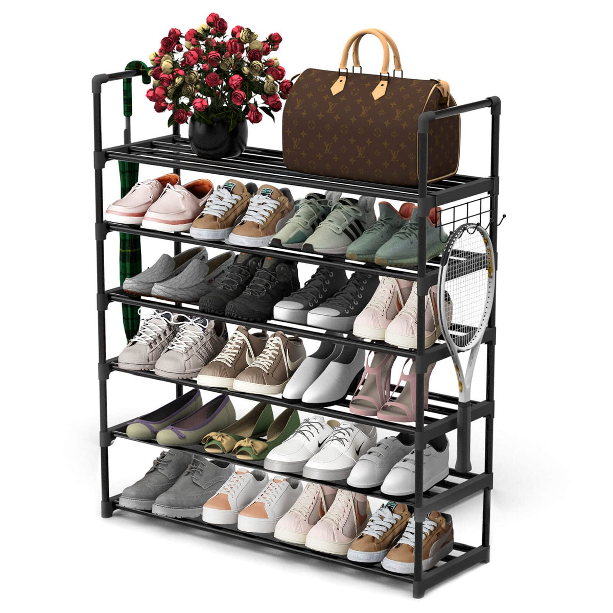 6 Tier Black Metal Shoe Rack with Side Hooks, Holds 24 Pairs