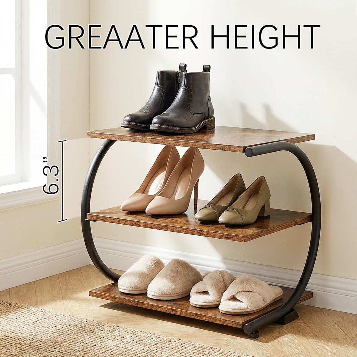 Small C-Shaped Shoe Rack, 3 Tier, 17 Inch Wide, Rustic Brown and Metal