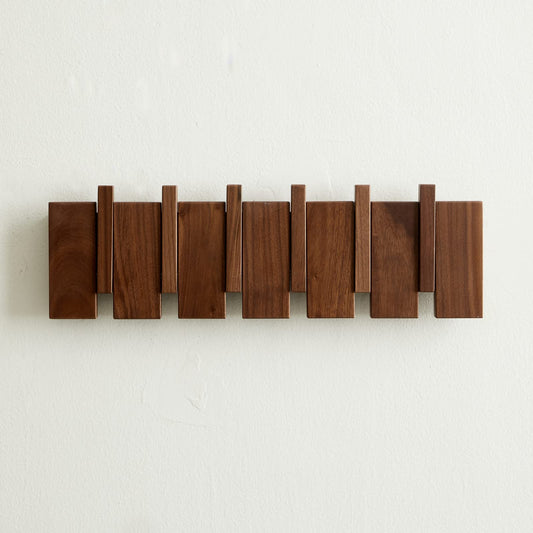 Piano Key Coat Rack, 6 Flip-Down Hooks, Natural Wood Wall Mount