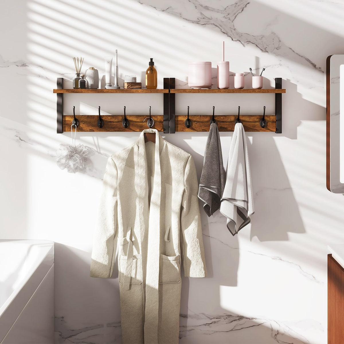 Wall Mounted Coat Rack with Shelf, 2 Pack, 8 Hooks Each, Rustic Brown