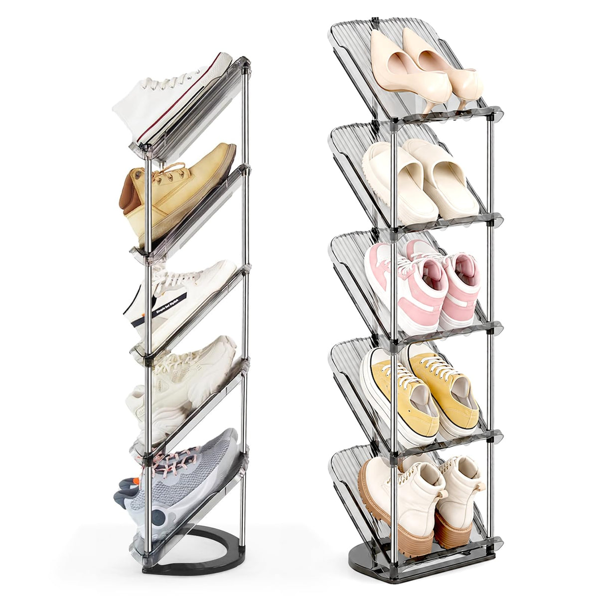 Slanted Narrow Shoe Rack, 5 Tiers, 2 Pack, Clear Plastic
