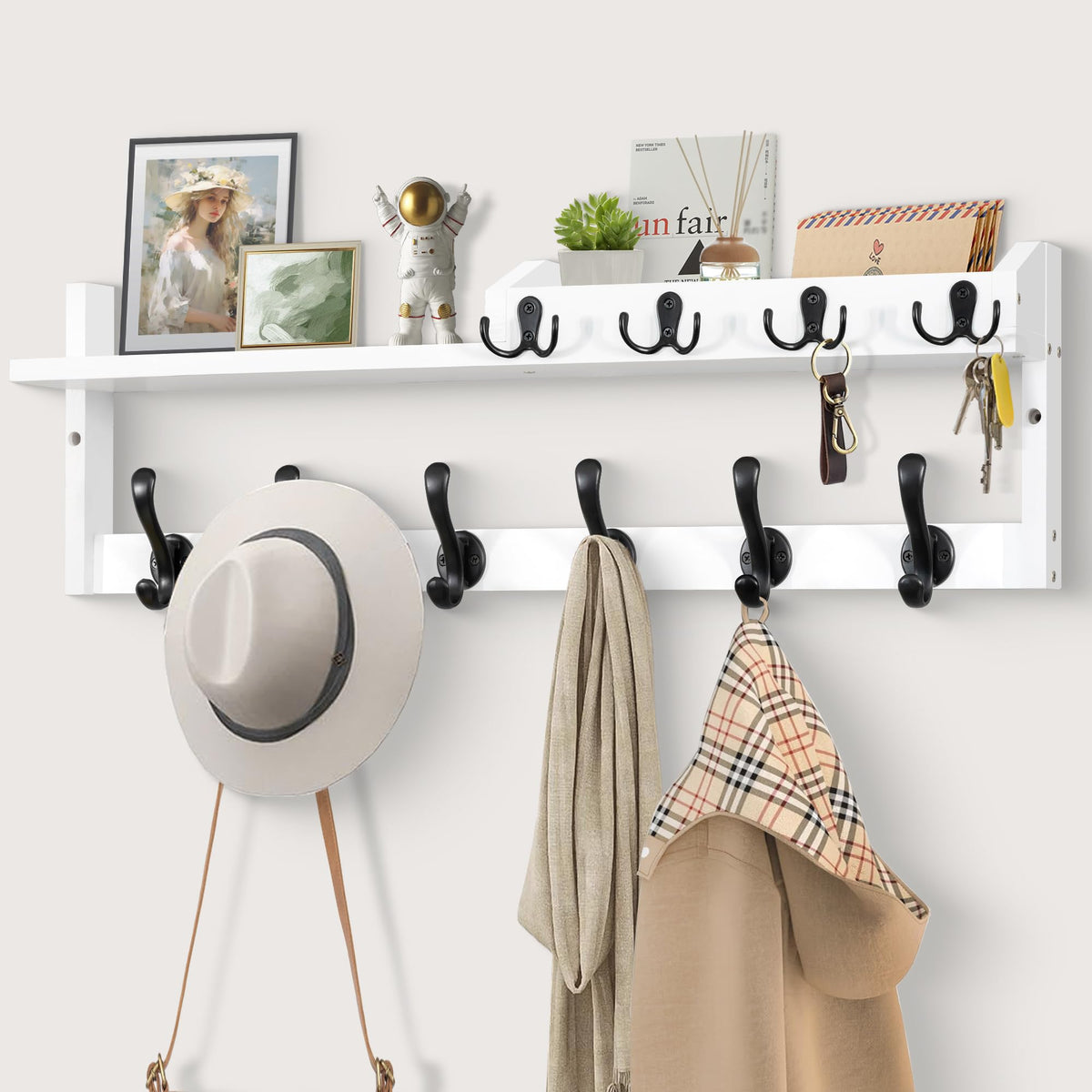 White Wall Coat Rack with Shelf and Mail Holder, 27.5 Inch