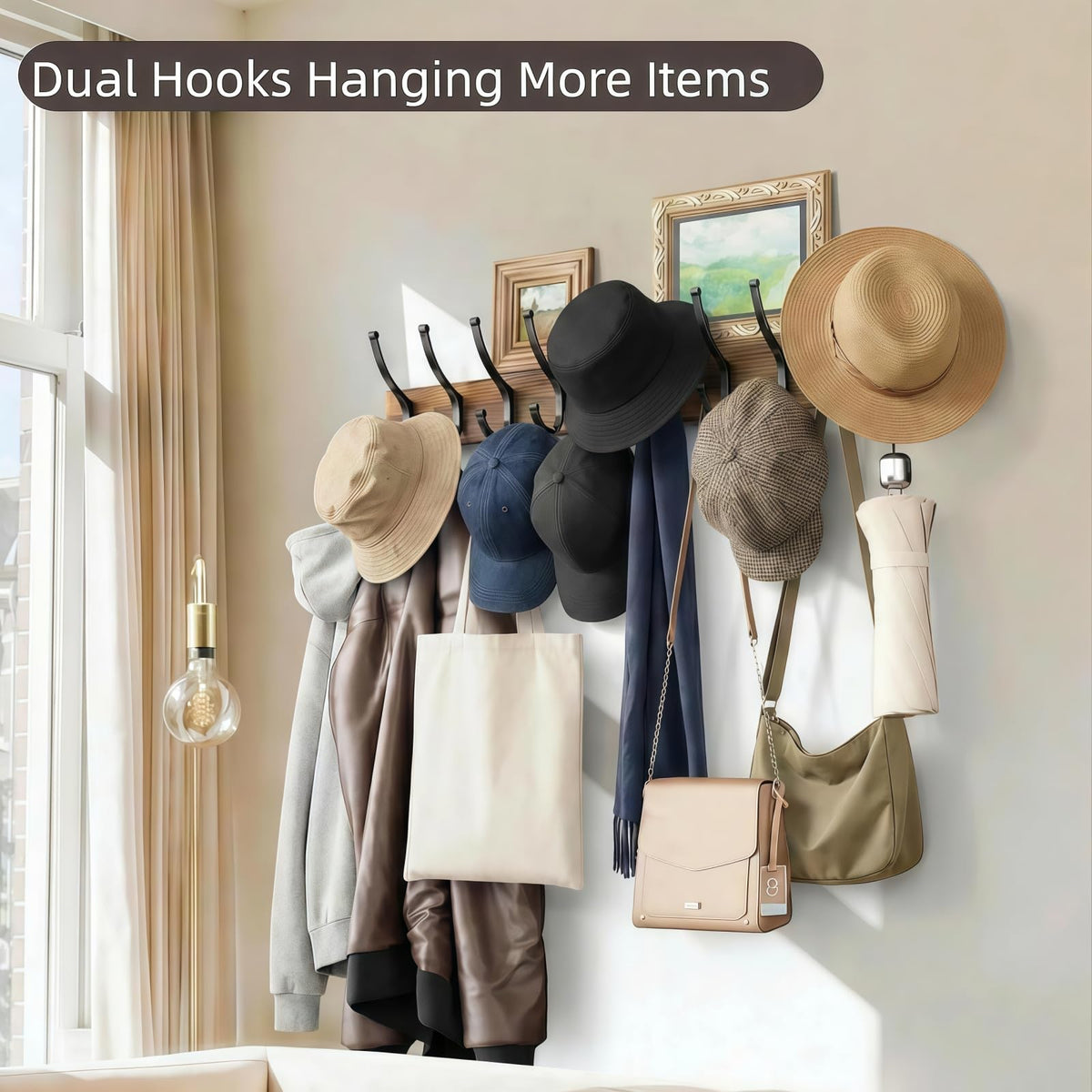 Wooden Wall Coat Rack, 2 Pack, 16.1 Inch, 10 Double Hooks, Brown