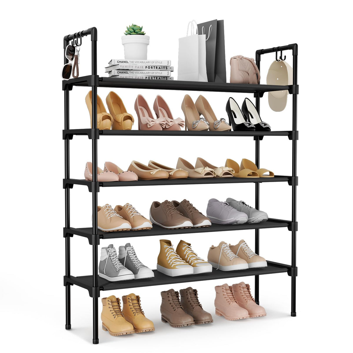 5 Tier Black Shoe Rack with 5 Side Hooks, 27.8 Inch Wide
