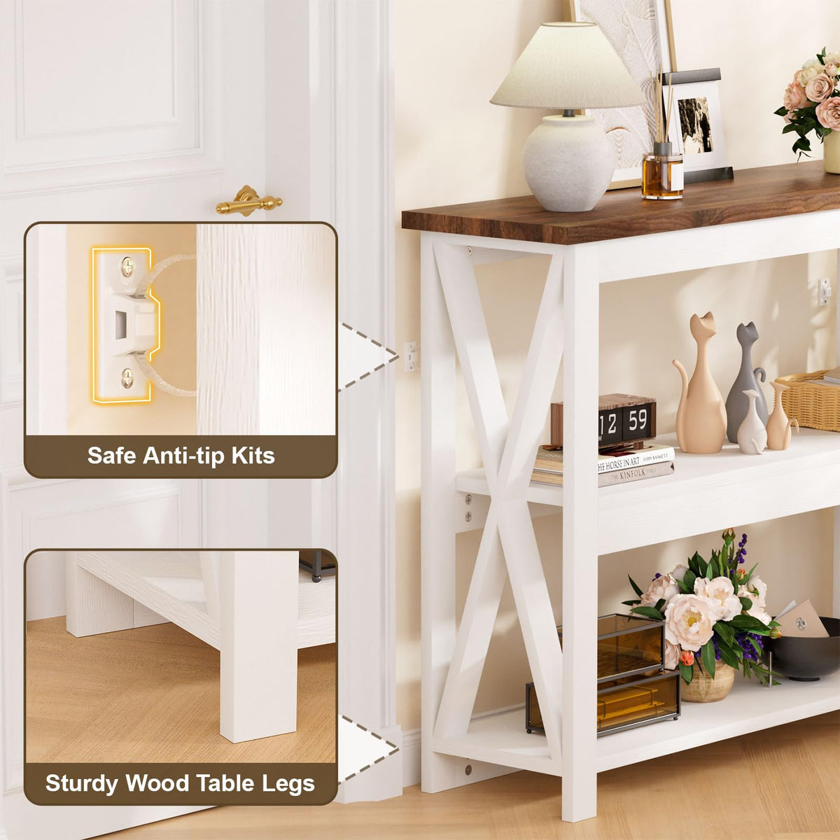 White 3 Tier Console Table, 41 Inch Narrow Entryway Shelf with X Legs